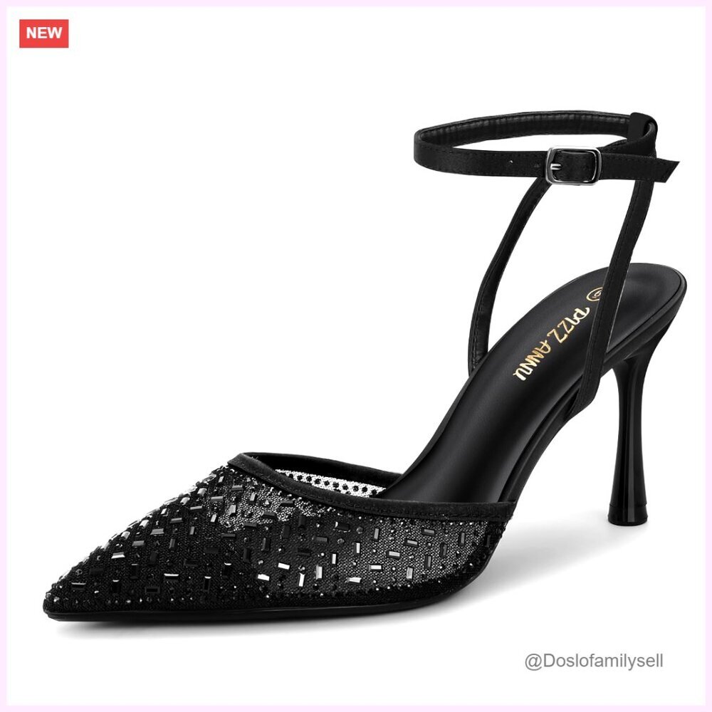 Stiletto Pumps with Rhinestones Mesh Ankle Strap 3 Inch Heels